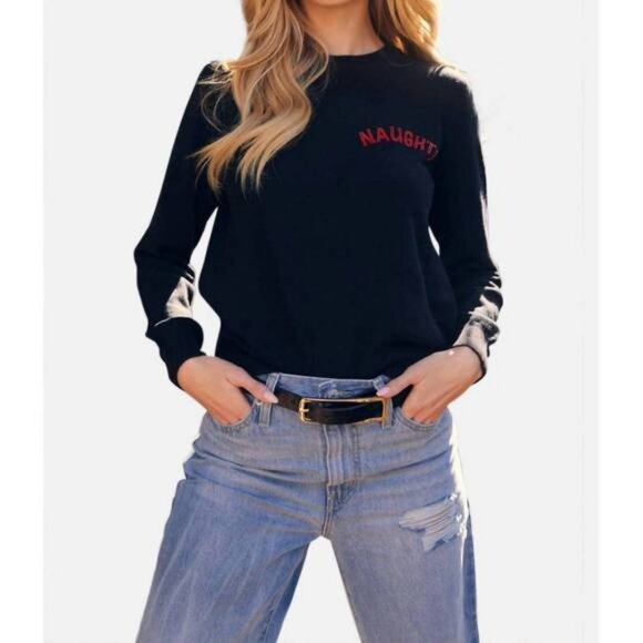 NWT Women Minnie Rose (Item- 69) Black Red Cotton Cashmere Naughty Sweater L - Picture 2 of 12